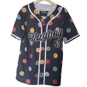 Playboy Baseball Shirt Black Floral Bunny Logo Button Up Double Sided Size M